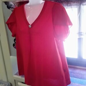 Red V-Neck Blouse with Button Detail